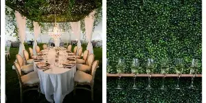 A collage showing a white rose bouquet, a greenery wall with wine glasses, and a decorated event table with white chairs.