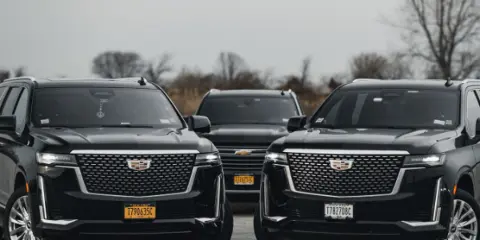 A fleet of black luxury SUVs parked in a row.