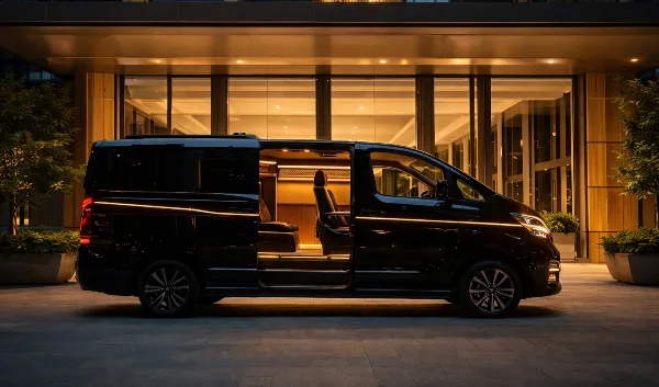 A black luxury van parked outside a modern building at night with its side door open, revealing a spacious interior with leather seating and warm lighting.