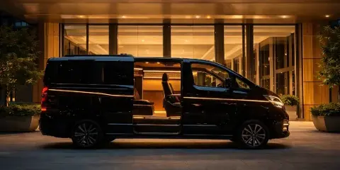 A black luxury van parked outside a modern building at night with its side door open, revealing a spacious interior with leather seating and warm lighting.