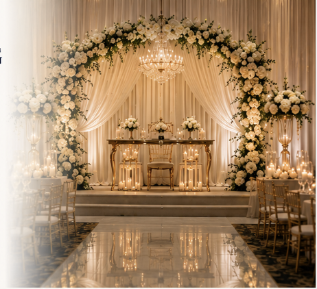 Interior view of a luxury event venue featuring a white floral arch, chandelier, and formal dining tables.