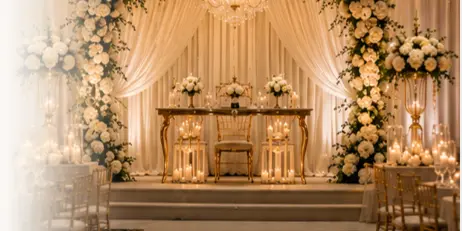 Interior view of a luxury event venue featuring a white floral arch, chandelier, and formal dining tables.