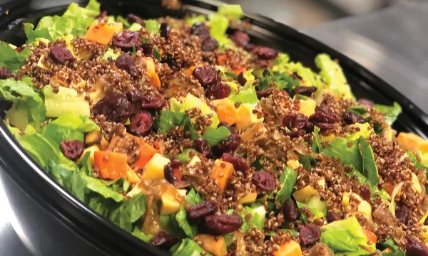 A catering tray filled with a fresh salad of greens, quinoa, dried cranberries, and diced fruit.