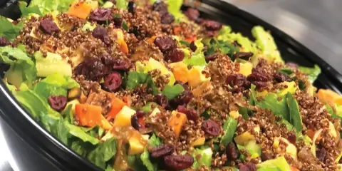A catering tray filled with a fresh salad of greens, quinoa, dried cranberries, and diced fruit.