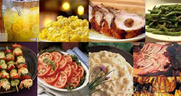 Collage of various prepared catering dishes including roasted meats, vegetables, salads, and beverages.