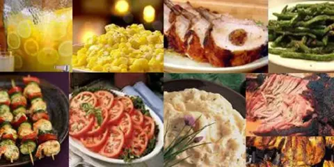 Collage of various prepared catering dishes including roasted meats, vegetables, salads, and beverages.