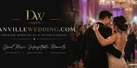 A bride and groom dancing at a wedding reception with guests in the background.