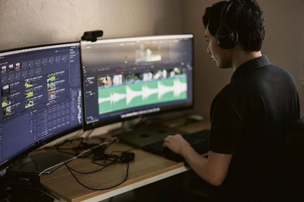 A video editor wearing headphones working at a desk with two monitors displaying video editing timelines and footage.