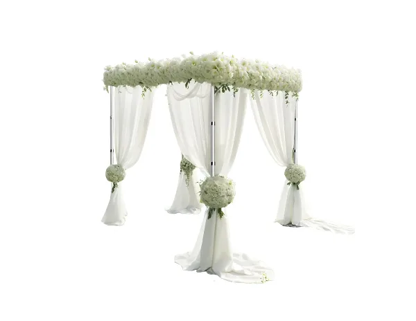 A white wedding arch structure draped with white fabric and decorated with floral arrangements.