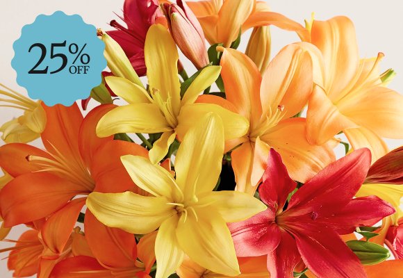 A close-up photograph of a colorful bouquet featuring yellow, orange, and red lilies.