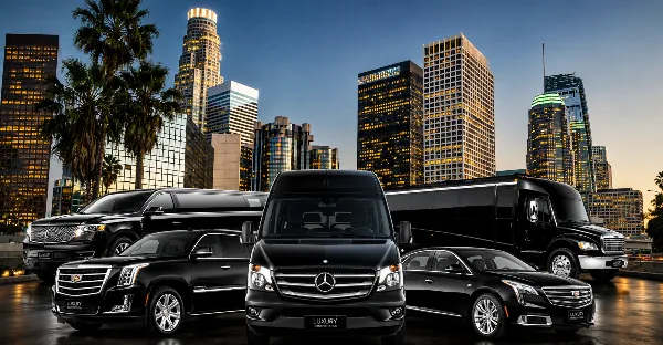 A fleet of black luxury transportation vehicles including a Mercedes Sprinter van, SUVs, and a coach parked in front of a city skyline.