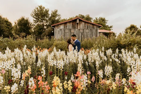 A bride and groom standing in a field of colorful flowers with a weathered wooden barn in the background.