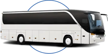A white full-sized charter bus with dark tinted windows.
