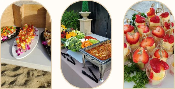 A collage of catering food displays featuring fruit cups, vegetable platters, and hot buffet dishes.