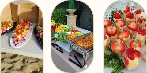 A collage of catering food displays featuring fruit cups, vegetable platters, and hot buffet dishes.