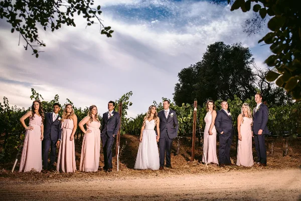 A wedding party including the bride and groom poses for a group photo in a vineyard with rolling hills in the background.