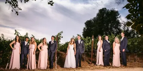 A wedding party including the bride and groom poses for a group photo in a vineyard with rolling hills in the background.