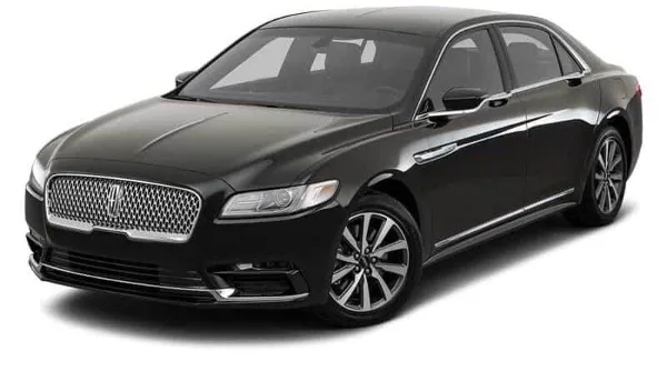 A black Lincoln Continental luxury sedan shown in a three-quarter front view against a white background.