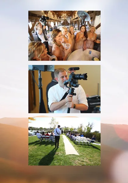 A collage of three photos showing a videographer filming a wedding reception, holding a camera on a gimbal, and filming an outdoor ceremony.