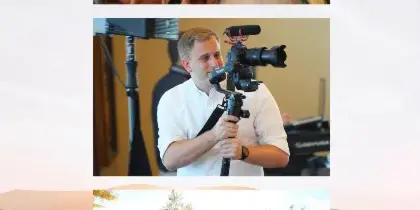 A collage of three photos showing a videographer filming a wedding reception, holding a camera on a gimbal, and filming an outdoor ceremony.