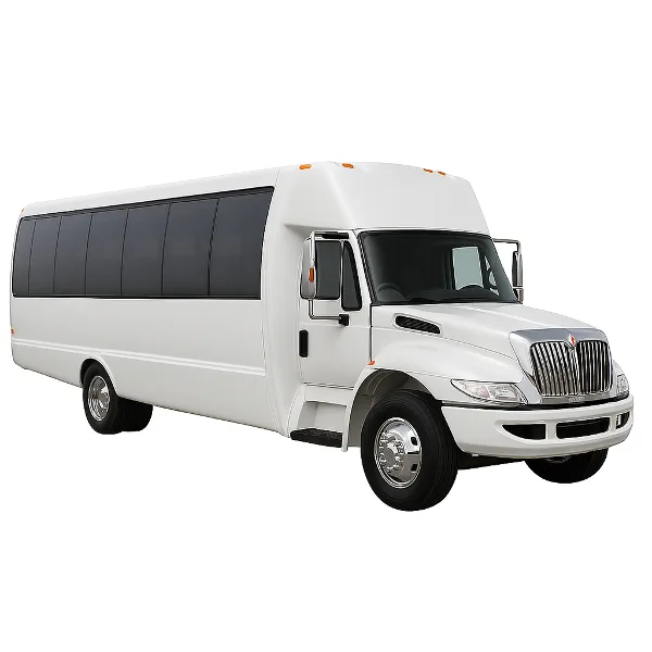 A white shuttle bus parked against a white background.