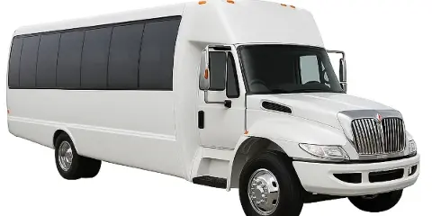 A white shuttle bus parked against a white background.