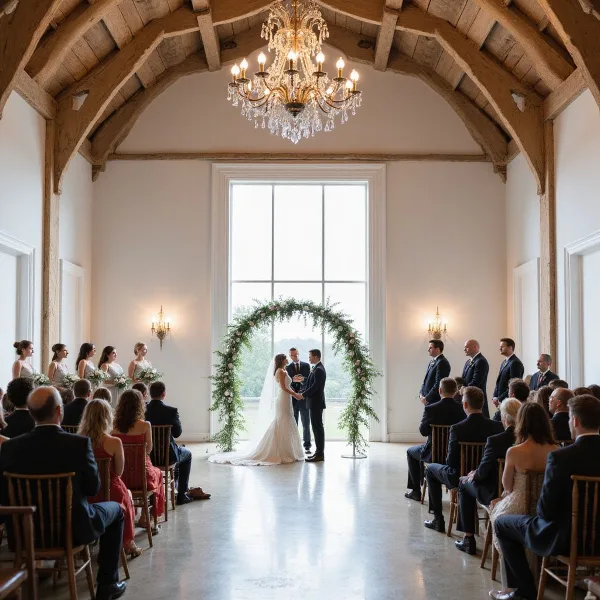Interior view of a rustic barn wedding venue with exposed wooden beams, a crystal chandelier, and a couple exchanging vows under a floral arch.