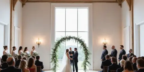Interior view of a rustic barn wedding venue with exposed wooden beams, a crystal chandelier, and a couple exchanging vows under a floral arch.