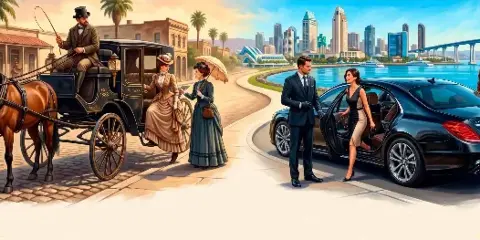 A professional chauffeur in a suit opening the door of a black luxury sedan for a passenger, with a San Diego cityscape in the background.
