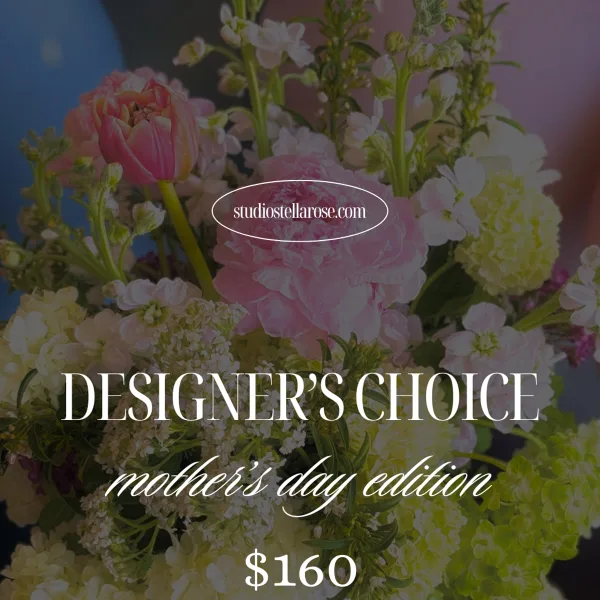 A close-up of a floral arrangement with pink peonies, tulips, and white hydrangeas, overlaid with the text 'Designer's Choice' and a price of $160.