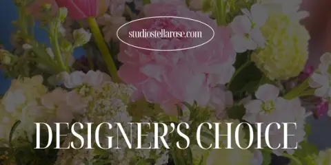 A close-up of a floral arrangement with pink peonies, tulips, and white hydrangeas, overlaid with the text 'Designer's Choice' and a price of $160.