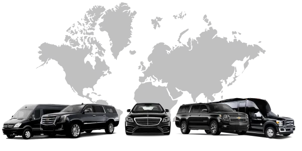 A lineup of black luxury SUVs, sedans, and passenger vans representing the Moe's Limousine fleet.