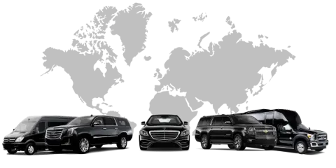 A lineup of black luxury SUVs, sedans, and passenger vans representing the Moe's Limousine fleet.