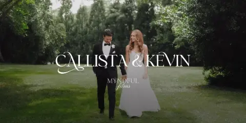 A bride and groom walking hand-in-hand on a grassy lawn with trees in the background, overlaid with the text 'Callista & Kevin' and the MYNDFUL FILMS logo.
