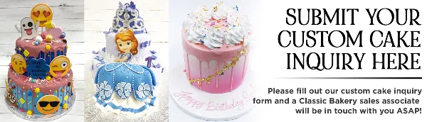 A collage of three custom cakes, including a colorful emoji-themed cake, a blue and white princess-themed cake, and a pink drip cake with white frosting.
