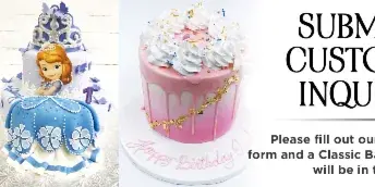 A collage of three custom cakes, including a colorful emoji-themed cake, a blue and white princess-themed cake, and a pink drip cake with white frosting.