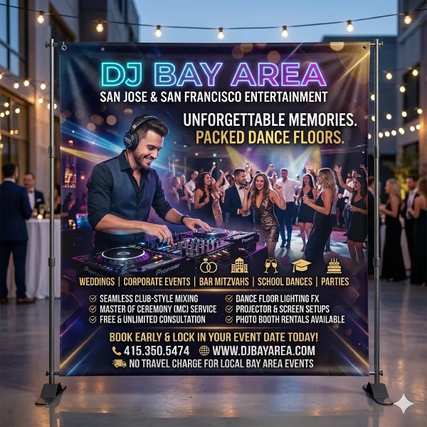 A promotional banner for DJ Bay Area showing a DJ mixing music at an event with a crowd dancing in the background.