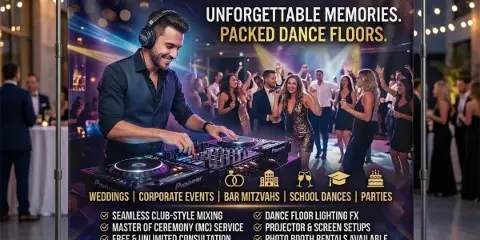 A promotional banner for DJ Bay Area showing a DJ mixing music at an event with a crowd dancing in the background.