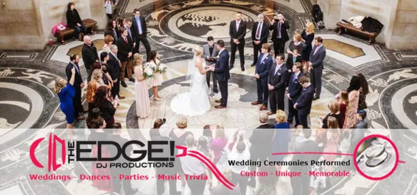 Overhead view of a wedding ceremony with a bride and groom exchanging vows in a large, ornate hall, with the EDGE! DJ Productions logo overlaid.