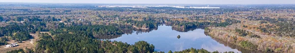 Aerial view of a lake surrounded by dense forest and parkland.