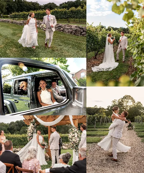 A collage of five wedding photographs featuring a bride and groom walking in a vineyard, toasting, arriving in a vehicle, at the altar, and dancing.