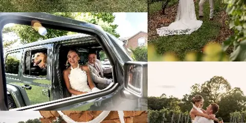 A collage of five wedding photographs featuring a bride and groom walking in a vineyard, toasting, arriving in a vehicle, at the altar, and dancing.