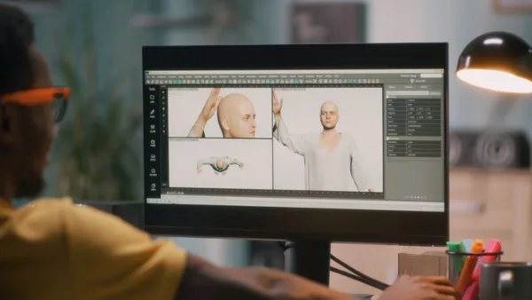 A person editing photos on a computer monitor in a studio setting.