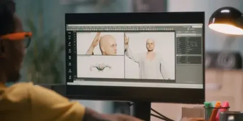 A person editing photos on a computer monitor in a studio setting.