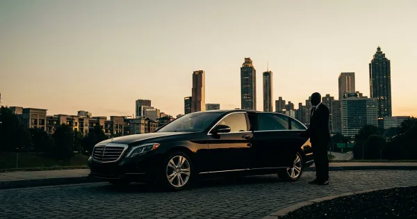 A black Mercedes-Benz executive sedan parked on a cobblestone street with a uniformed chauffeur standing by the open rear door, set against a city skyline at dusk.