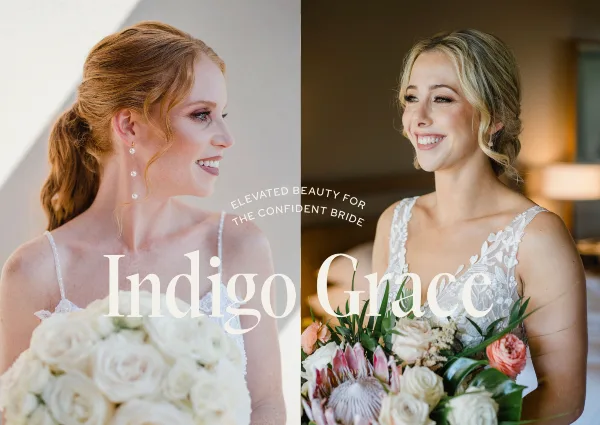 Two smiling brides in wedding dresses holding bouquets, showcasing styled hair and makeup.