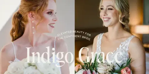Two smiling brides in wedding dresses holding bouquets, showcasing styled hair and makeup.