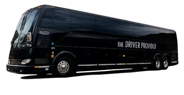 A black charter bus with 'THE DRIVER PROVIDER' branding on the side.