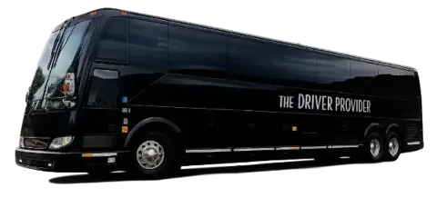 A black charter bus with 'THE DRIVER PROVIDER' branding on the side.