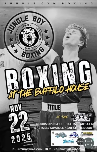 Promotional flyer for a boxing event at the Buffalo House venue in Duluth, MN, featuring a boxer and event details.